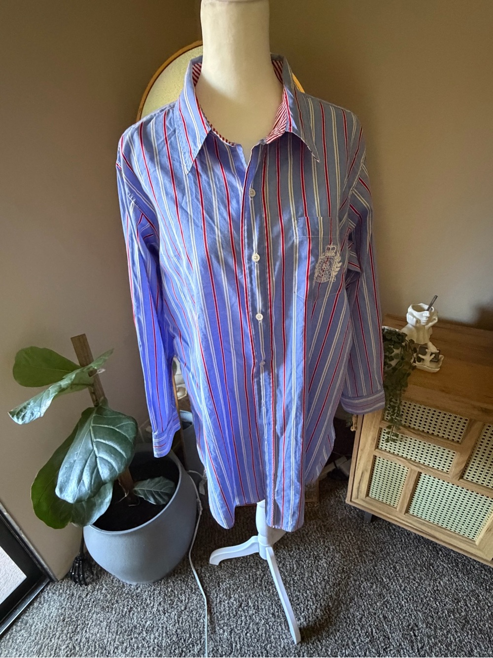 Ralph Lauren Blue Stripe Button-Down Shirt with Red Accents